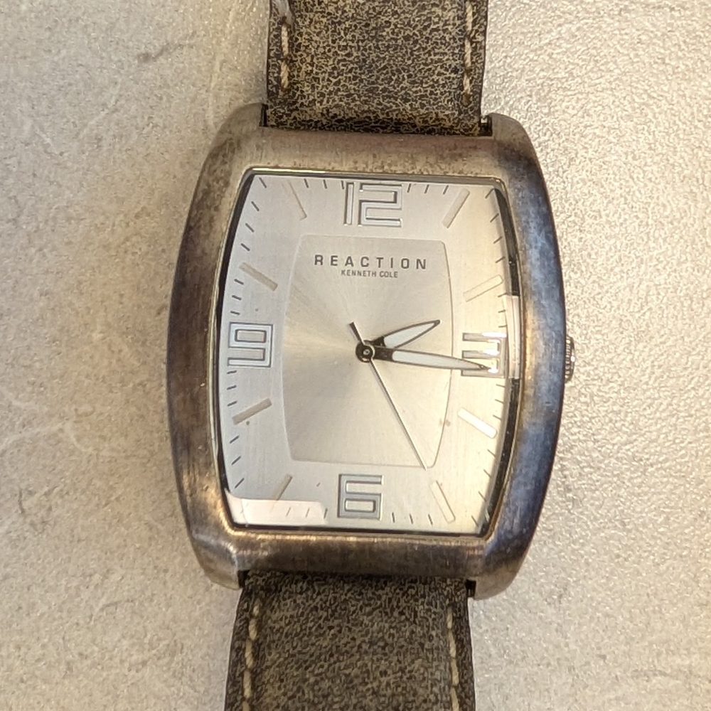 WORKING Large Tank Men's Watch Silver Tone Brown Band Kenneth Cole Reaction